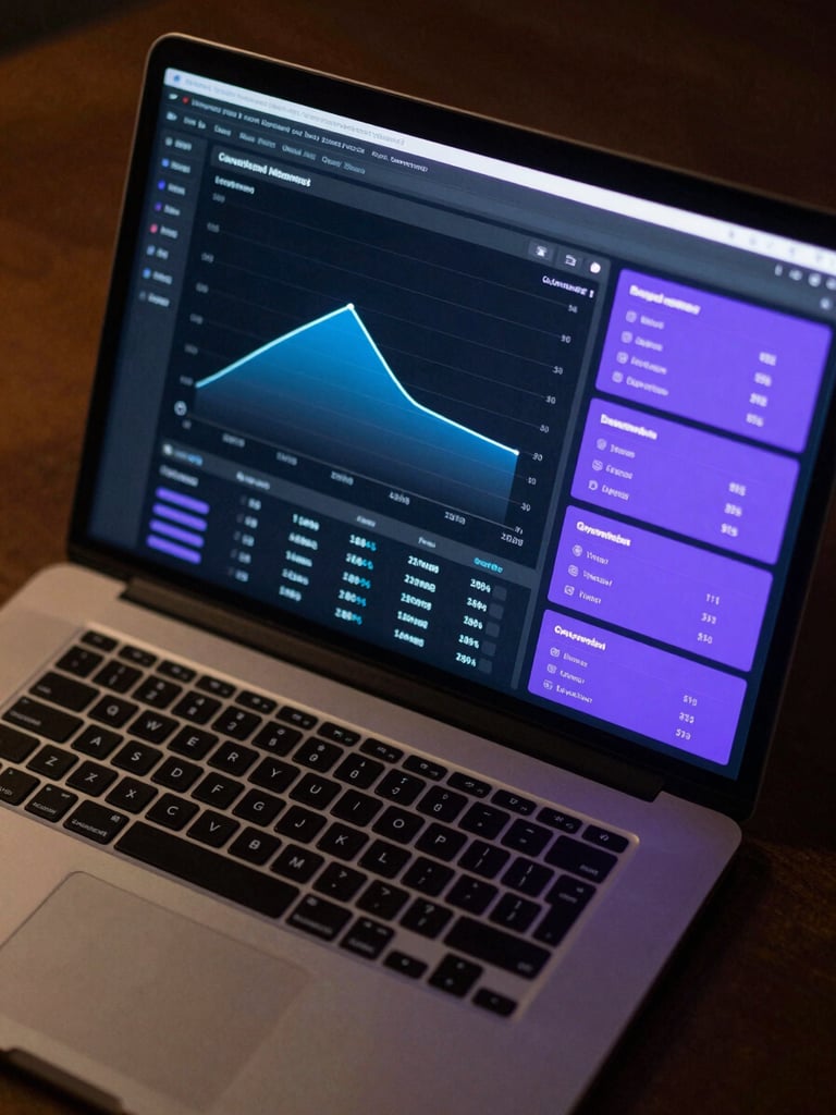Wide overhead shot of a dark-mode campaign analytics dashboard on a laptop screen, neon-blue conversion funnel chart and purple metric cards visible, cool screen light illuminating the keyboard from below, no ambient warmth