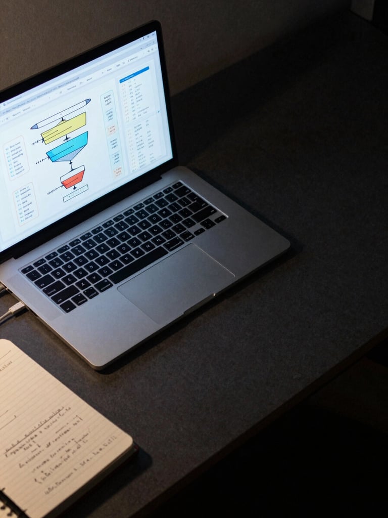 Wide desk environment shot from above, a laptop screen displaying a multi-step sales funnel diagram with conversion metrics and traffic data, cool blue monitor glow on a dark matte surface, cables and a notebook with handwritten funnel nodes visible to the left edge, generous dark negative space to the right