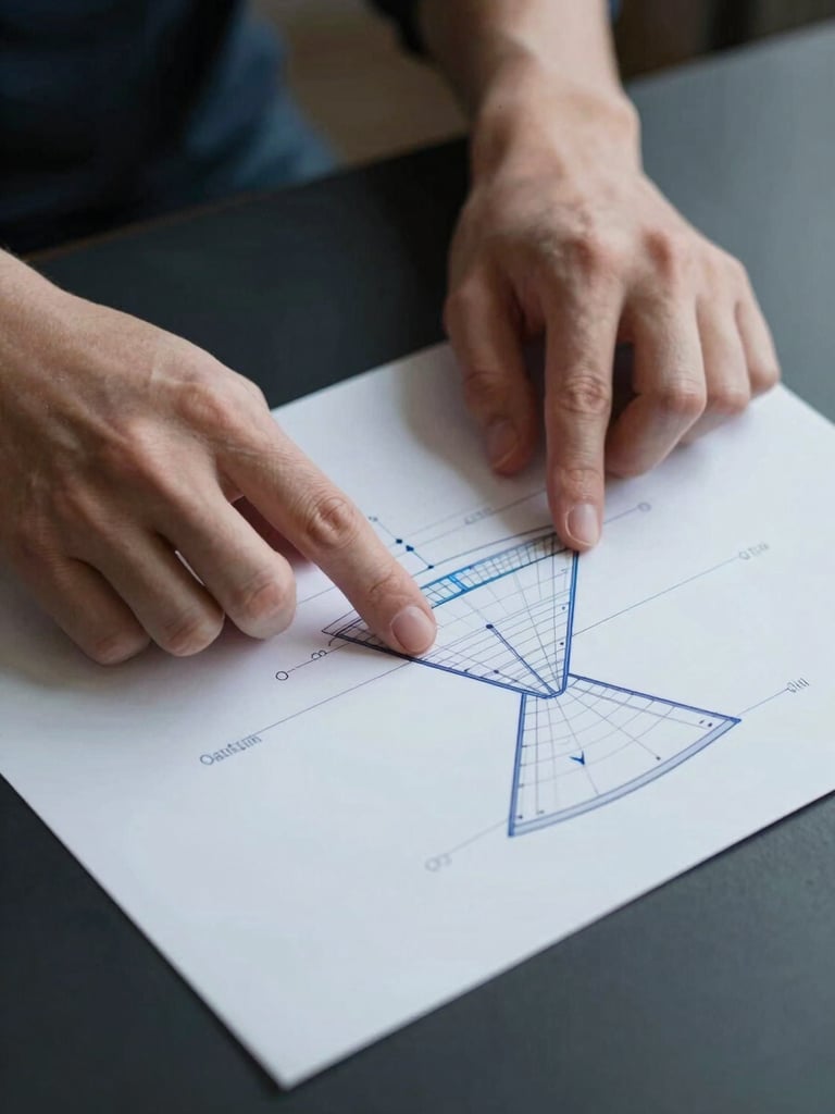 Tight crop on hands pointing at a printed funnel architecture diagram spread on a dark desk, cool studio strobe lighting, blue-tinted annotations and flow arrows visible, no faces