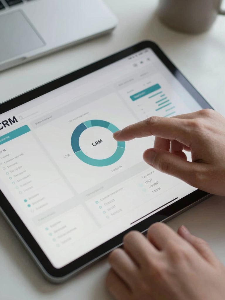 Macro shot of hands operating a clean CRM analytics dashboard on a tablet, natural morning light, soft screen glow, minimal workspace setup.