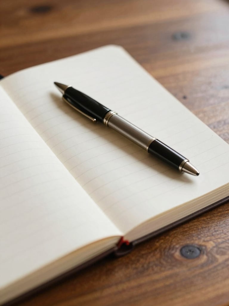 Close-up of an editorial journalist's notebook and vintage pen on a wooden table, soft natural daylight, rich warm tones, 35mm lens