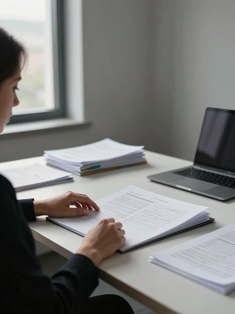 Wide-angle view of a minimalist executive office, a woman's hands resting on an open financial report on a clean desk, soft north-facing daylight from a tall window to the left, organized paper files and a closed laptop in the background, quiet and precise atmosphere