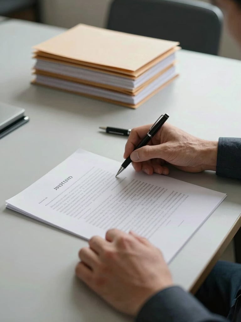 Close-up of a man's hands turning through a printed legal brief on a clean conference table, a pen resting nearby, soft diffused daylight from the right, stack of organized folders slightly out of focus in the background, calm and methodical atmosphere