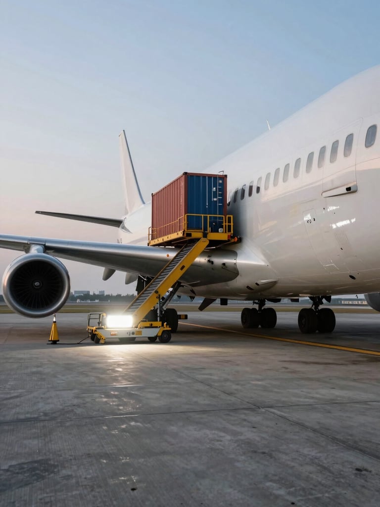 Eye-level shot looking along the flank of a wide-body freighter on the apron, cargo containers being loaded via belt loader in the middle distance, harsh LED work lighting from ground equipment, concrete runway surface in foreground, no faces visible