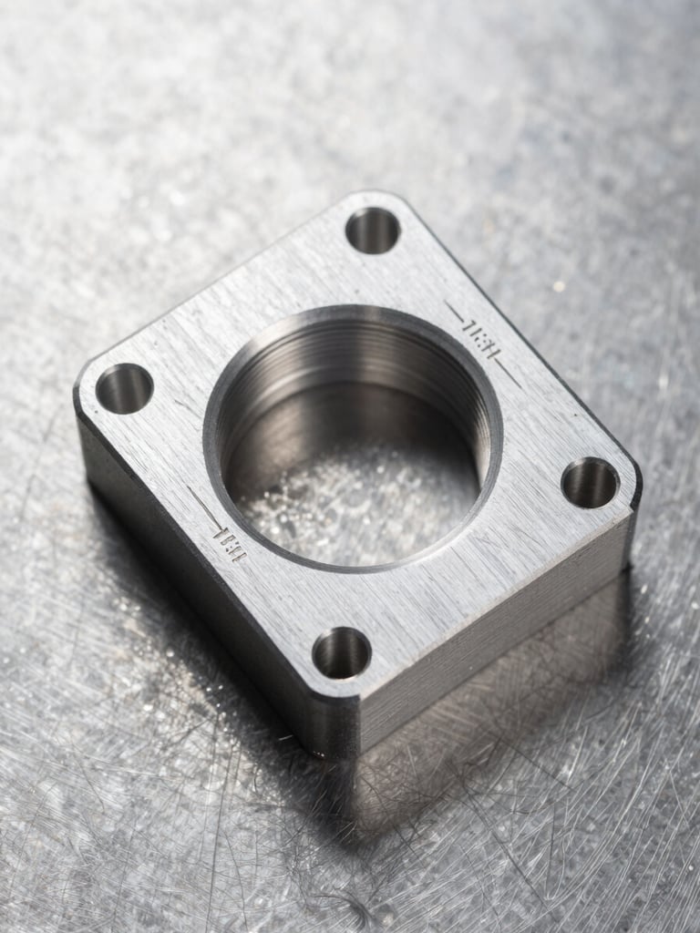 Macro overhead flat-lay of a precision-machined aluminum component on a steel surface, dimension callout lines etched into the part surface visible at 1:1 scale, bright studio strobe lighting revealing micro-surface finish and toolpath geometry, no people