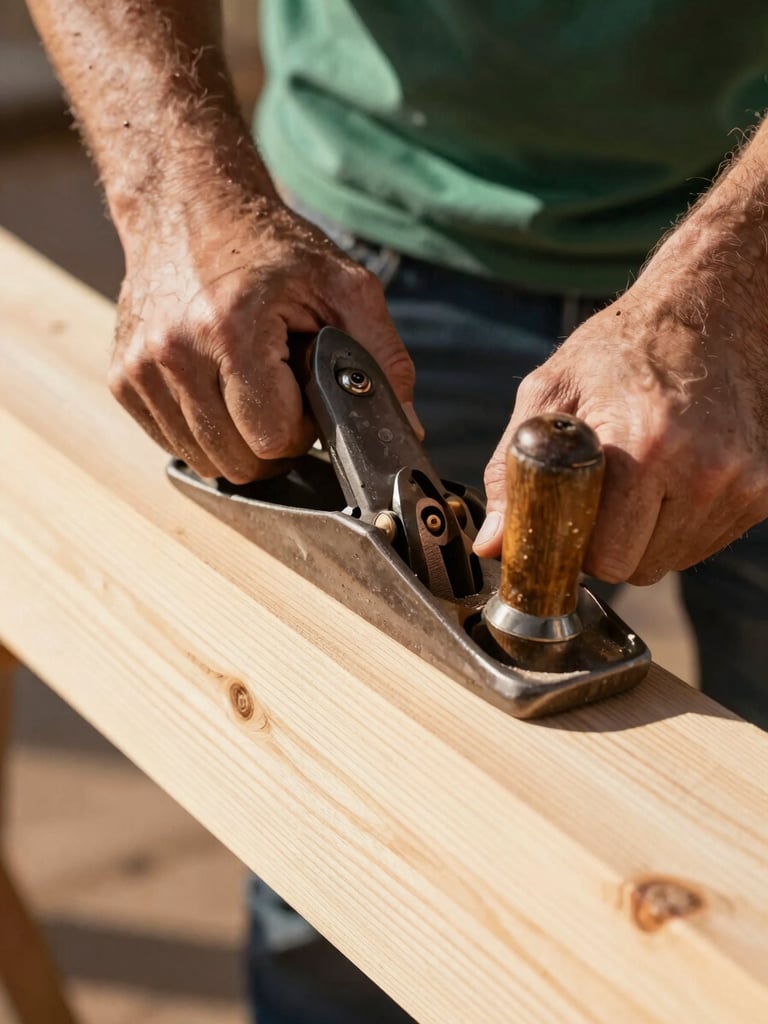 Close-up of weathered hands using a traditional hand plane on a clean timber joint, warm Arizona sunlight streaming across the wood grain, shallow depth of field.