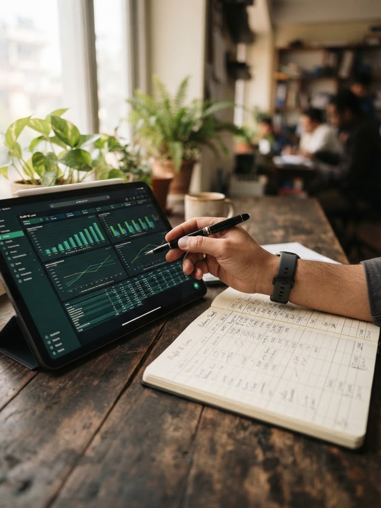 warm editorial photography, soft natural window light, muted corporate tones with deep green accents, shallow depth of field. A close-up of structured financial models on a tablet screen next to a physical tax ledger on a dark wooden desk in a Lalitpur office, professional hands holding a pen off-center.