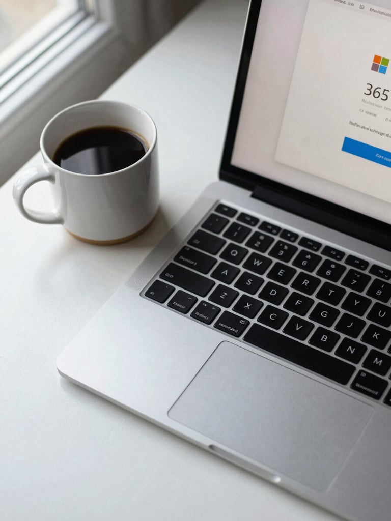 Close-up overhead flat-lay of a laptop keyboard and a coffee mug on a clean white desk, natural window light from the left, a Microsoft 365 sign-in screen visible on the screen, calm and functional