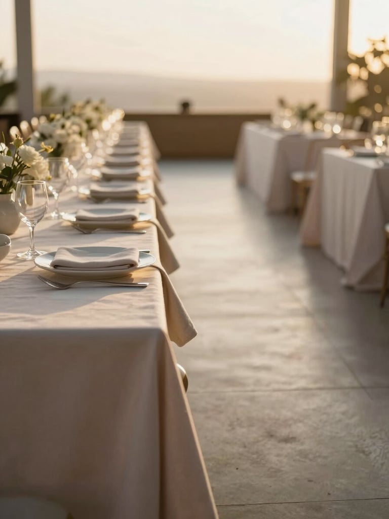 Wide environmental shot of a decorated event hall in soft golden afternoon light, long linen-draped tables receding into the background, close detail of folded fabric and ceramic tableware in the foreground left, generous negative space on the right side of the frame