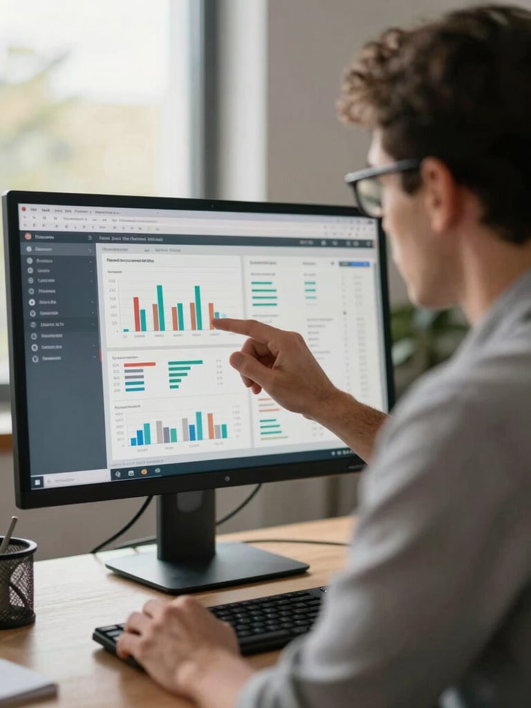 Tight over-the-shoulder shot of an automotive marketing director reviewing creator audience analytics on a large monitor, data charts reflecting off dark-rimmed glasses, warm studio window light from the left, desk surface blurred in foreground, corporate-casual environment with no branding visible