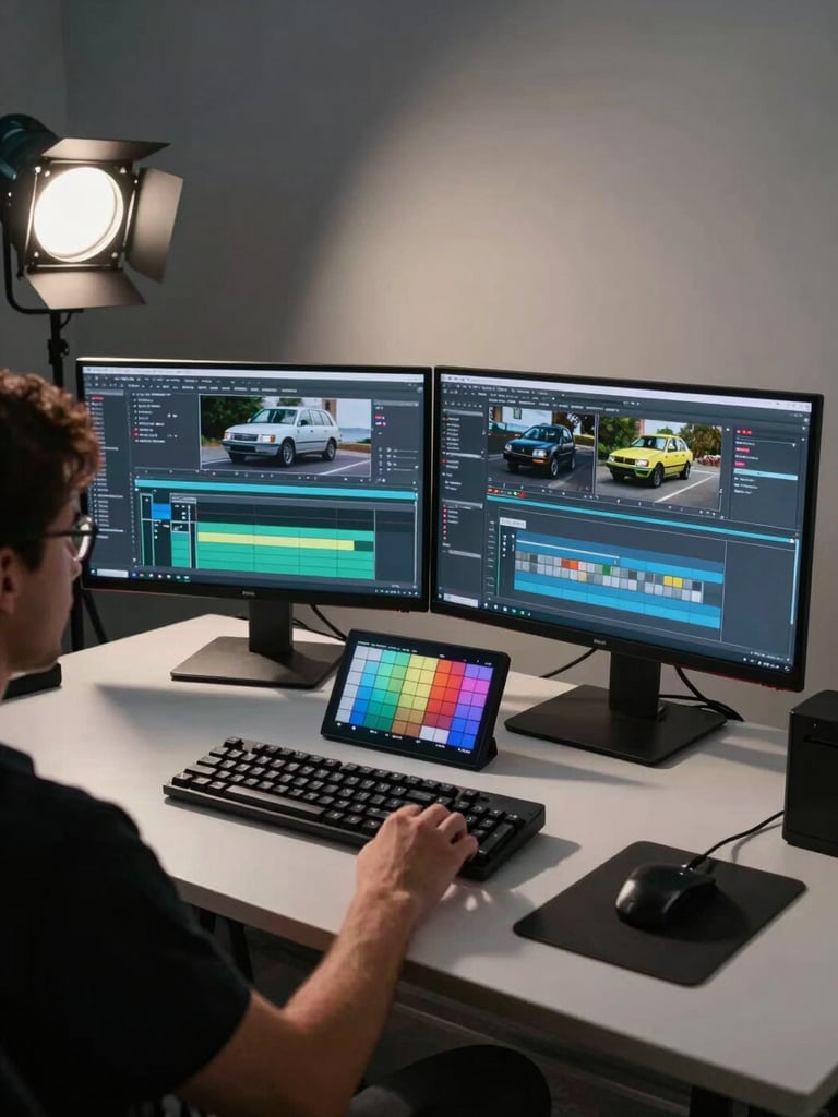 Wide shot from over the shoulder of a creator at an editing bay, two monitors displaying timeline footage of a vehicle detail, a mechanical keyboard and a colour-calibrated panel visible, cool studio light from the left casting long shadows across the desk surface