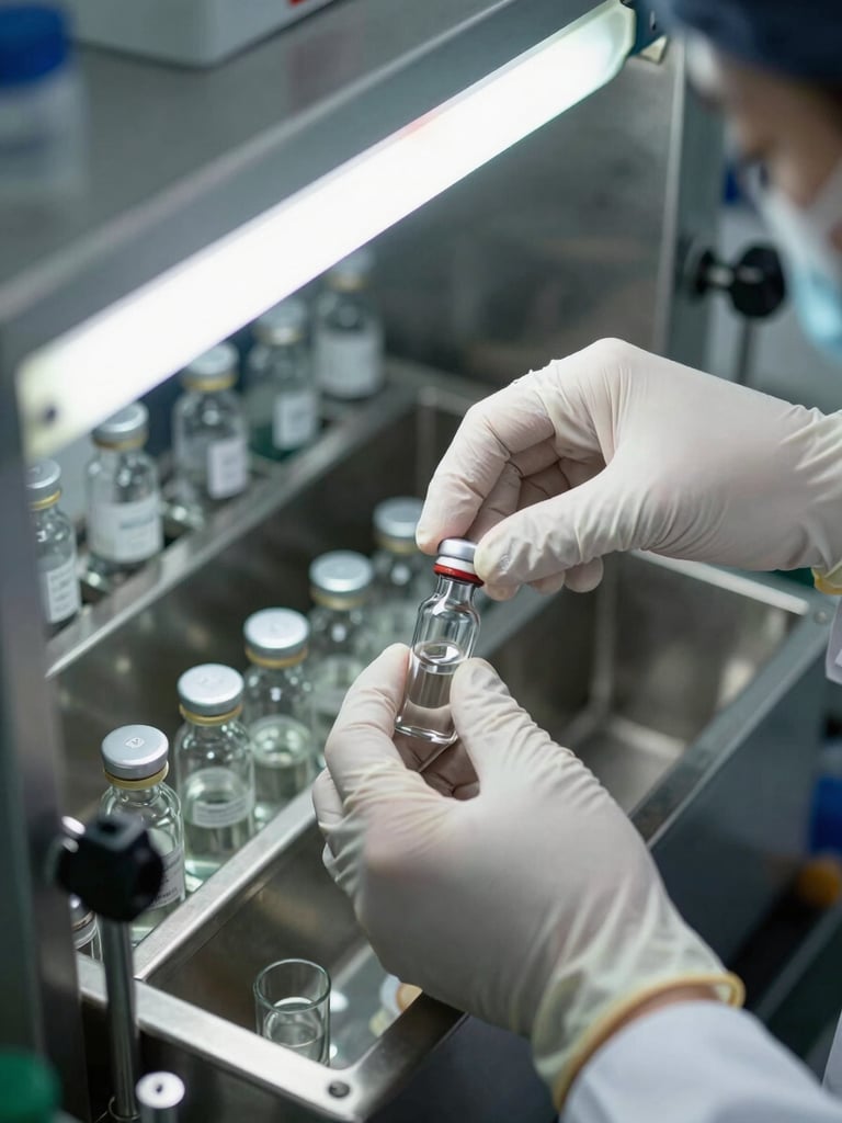 Close-up overhead shot of gloved hands filling glass vials on a pharmaceutical fill-finish line, stainless steel equipment visible at edges, cool facility fluorescent light, documentary framing, no faces