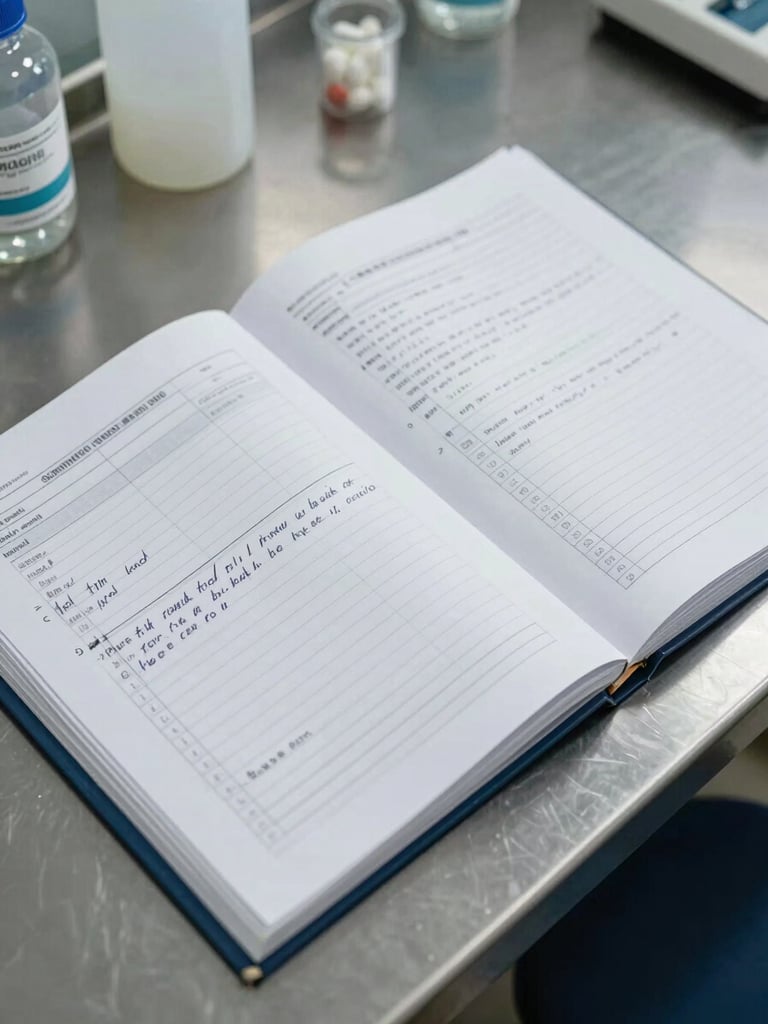 Close overhead view of a pharmaceutical batch record binder open on a stainless work surface, handwritten process entries and printed SOPs visible, facility lighting, no people in frame, documentary detail shot