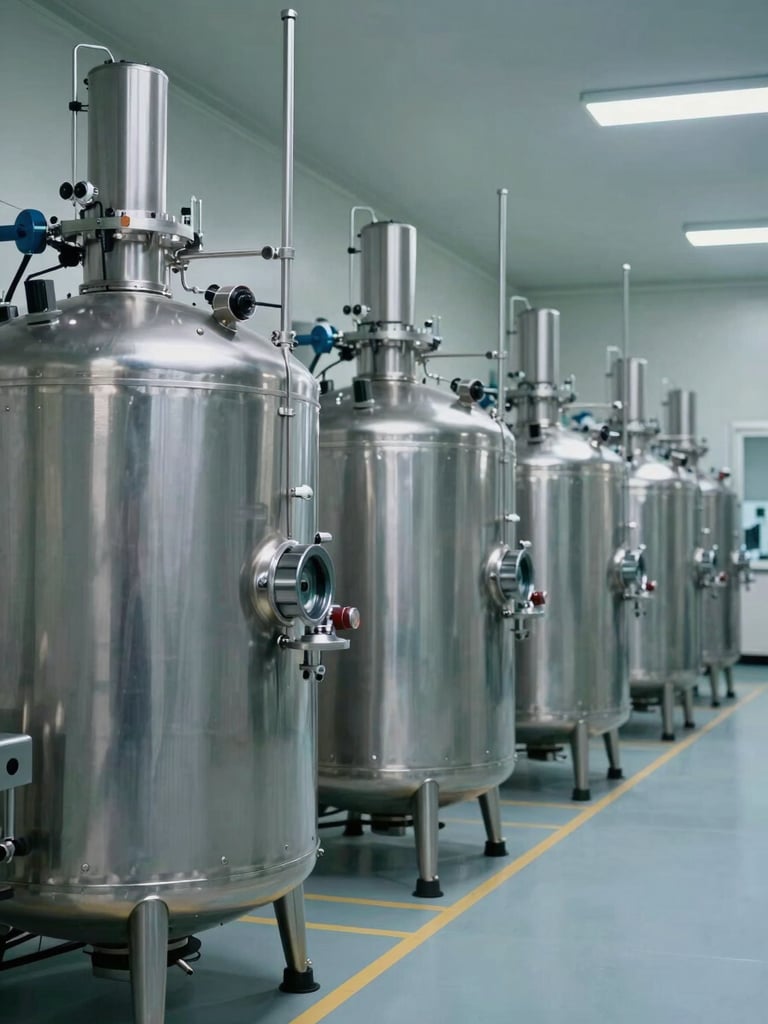 Wide shot from inside a pharmaceutical cleanroom, rows of stainless steel bioreactor vessels receding into background under cool facility lighting, no personnel, equipment fills full frame left to right, documentary industrial framing