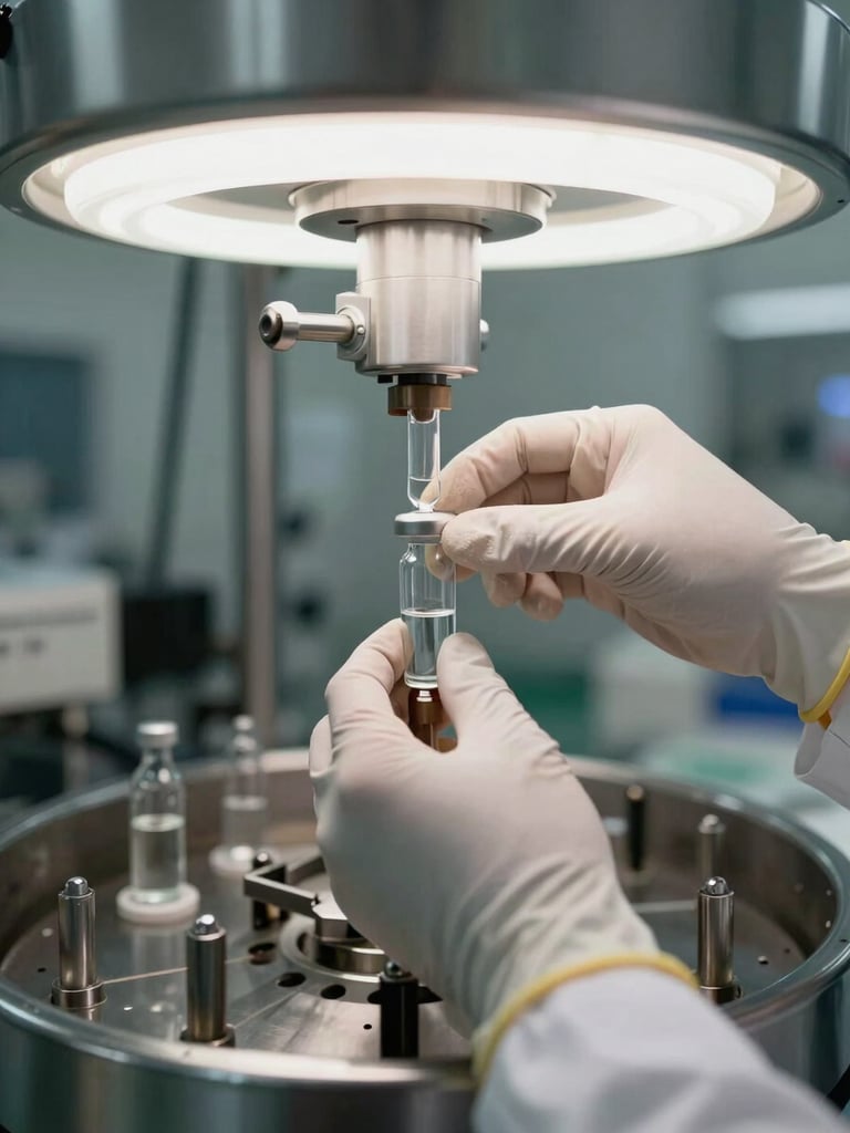 Close-up overhead shot of gloved hands positioning a glass vial in a stainless steel fill-finish carousel under steady facility fluorescent light, pharmaceutical manufacturing cleanroom, precise industrial framing, documentary style