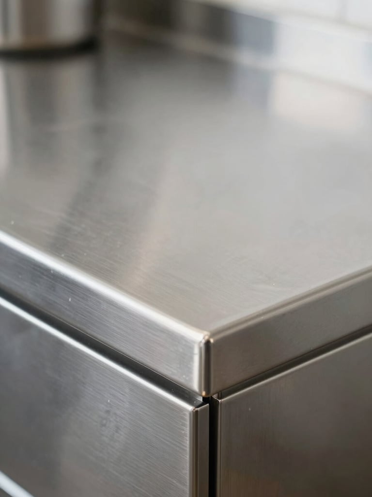 Macro close-up of a spotless polished steel kitchen counter reflecting sharp daylight, crisp focus on clean edges, cool undertones.
