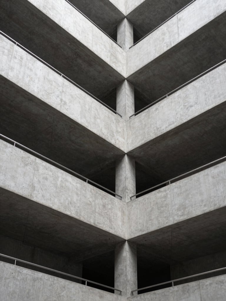 Architectural crop of a modern concrete and steel corporate atrium, sharp natural daylight, clean structural lines.