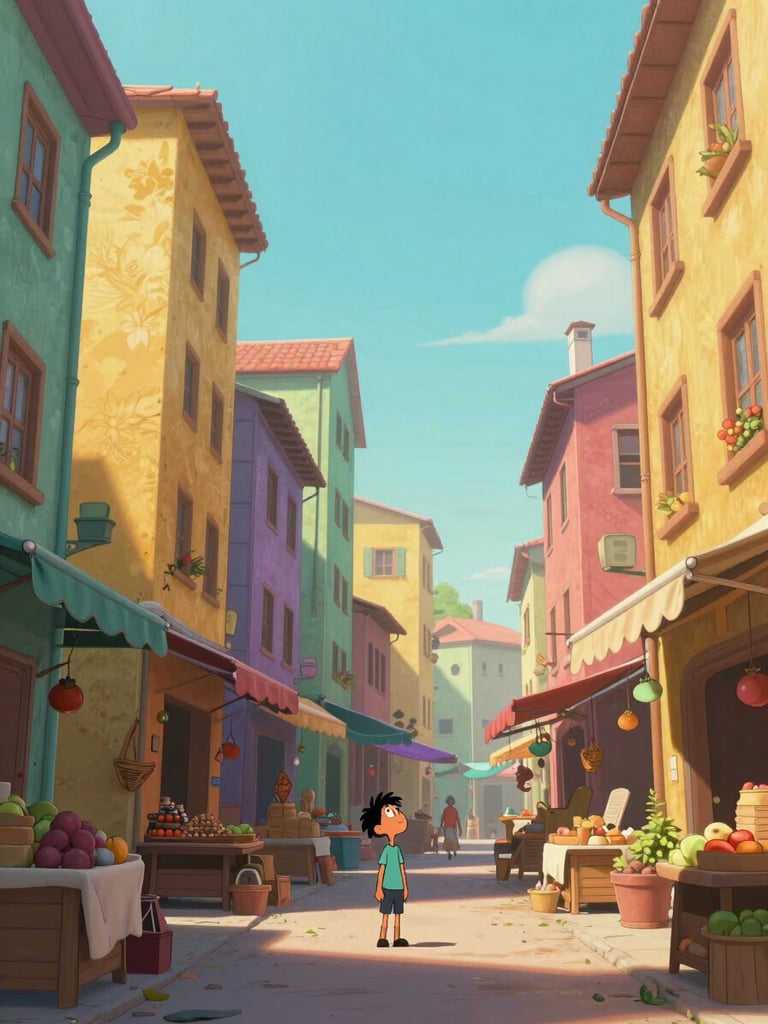 Wide establishing shot of a hand-drawn animated story world — a vibrant market street scene, tall colorful buildings leaning slightly inward, a small animated figure in the foreground looking up. Clean even lighting, saturated palette of yellow and teal. No text, no UI.