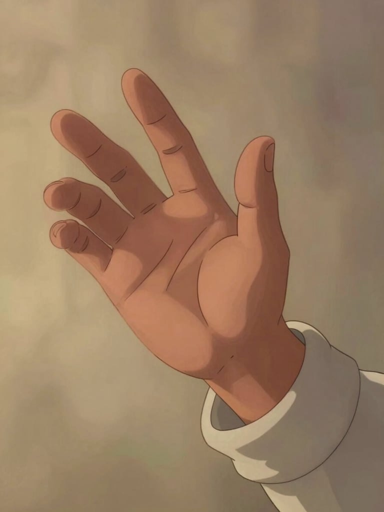 Close-up medium shot of an animated character's hand mid-gesture — fingers splayed, a fold of fabric sleeve at the wrist — painted in clean saturated color against a flat warm background. Even studio lighting, no shadows. Handcrafted animation cel quality, expressive line weight, single focal detail filling the frame.