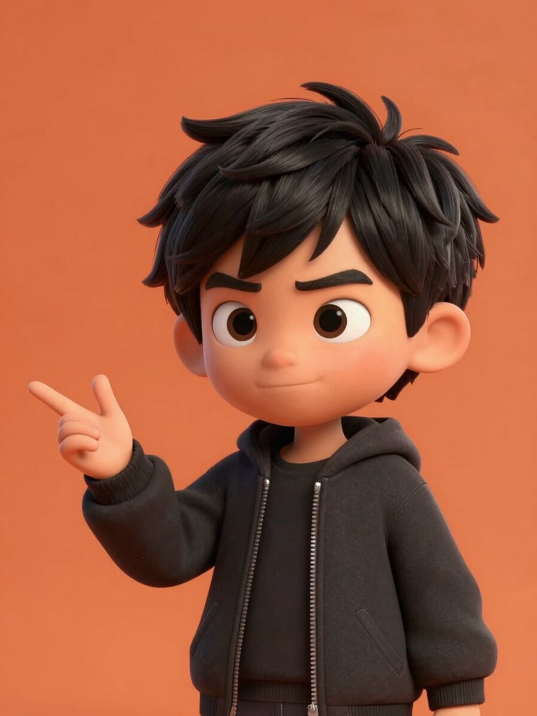 Medium portrait shot of a boldly designed animated child character mid-expression — eyebrows raised, one hand gesturing outward — set against a flat saturated tangerine-orange background. Character silhouette is strong and immediately readable: oversized jacket, distinctive hair shape. Clean even lighting, no shadows, color and posture carry all the emotion.