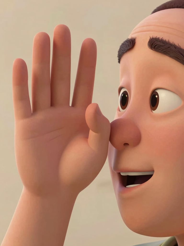 Close-up framing of an animated character's face and one raised hand — a single precise gesture, fingers spread, expression caught between surprise and delight. Clean even lighting on a warm flat background. The detail of the hand gesture and the crinkle around the eye are the subject; the drawing technique is legible and intentional.