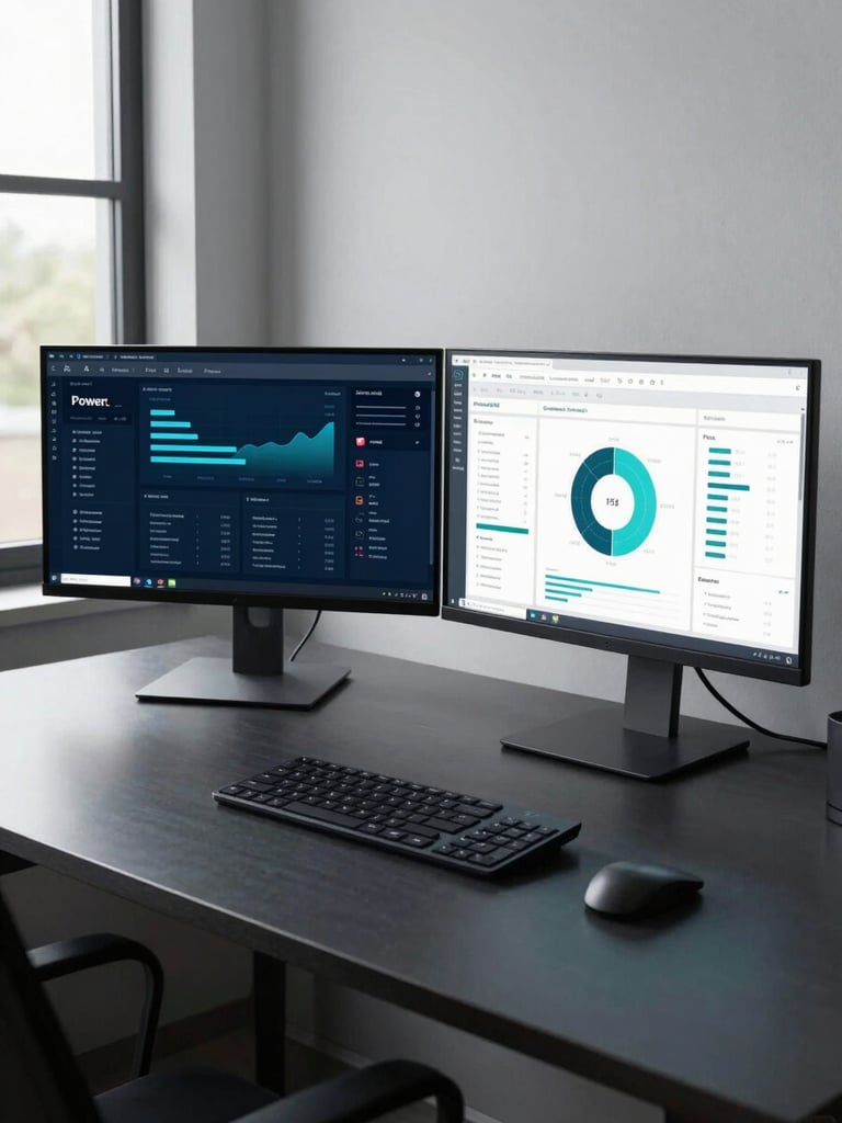Wide shot of an organized minimal desk with two monitors showing Power BI reports in navy and teal, daylight from a window on the left, no person visible, clean dark surface