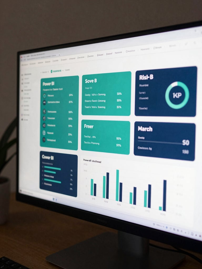 Close-up of a wide monitor displaying a clean Power BI KPI dashboard with teal and navy metric cards, studio lighting from the left, dark desk surface visible at the base