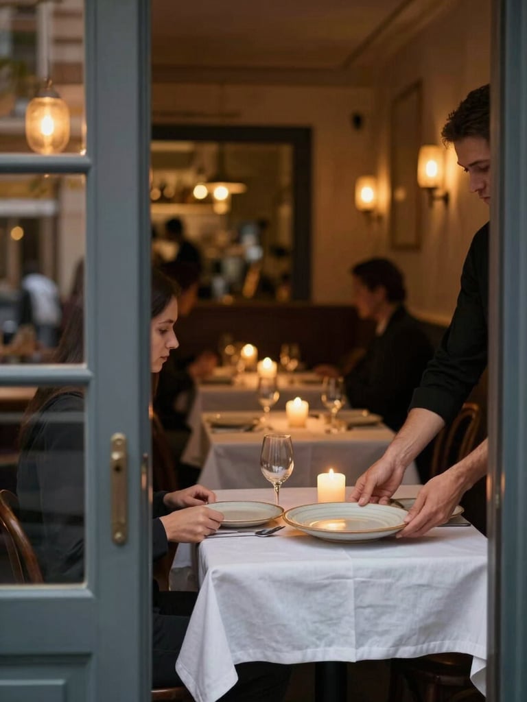 Wide portrait frame, left-bleed: a dimly lit restaurant dining room during evening service, shot from the doorway threshold — warm candlelight pools on linen-covered tables, a server's hands setting a ceramic plate in the foreground, bokeh of occupied tables receding into the background, golden window light from the street visible at far left