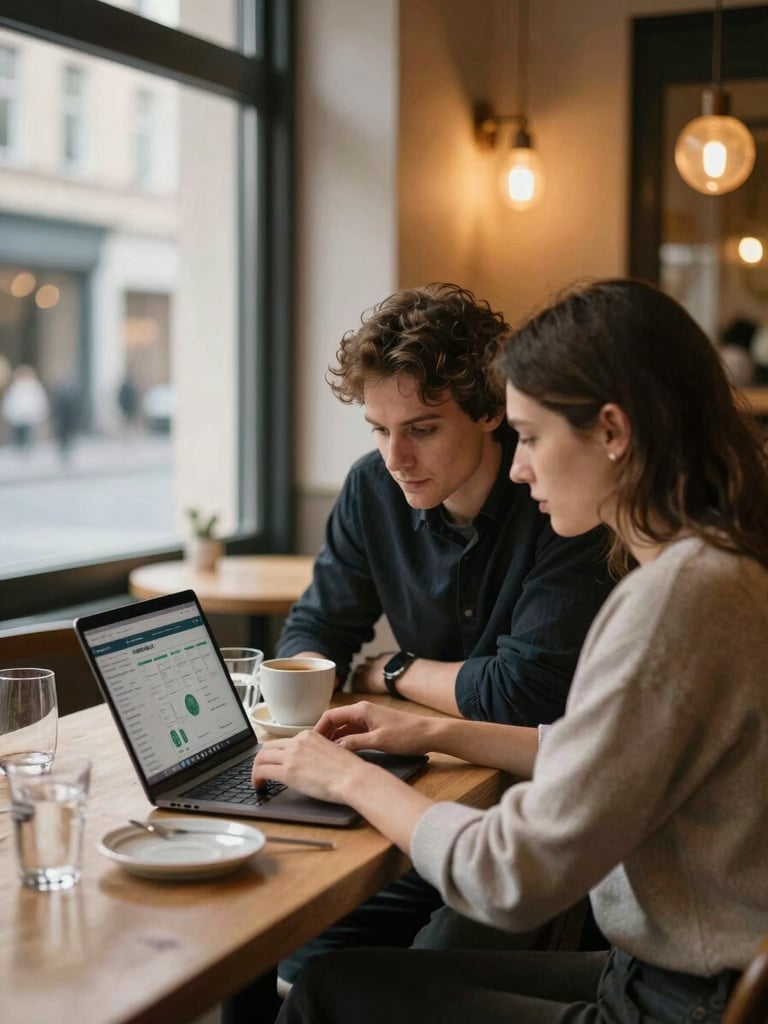 Wide environmental shot of two Pomodoro team members seated at a café counter reviewing analytics on a laptop screen together, warm candlelit restaurant interior behind them, soft bokeh on glasses and ceramic dishes, natural evening light through a street-facing window