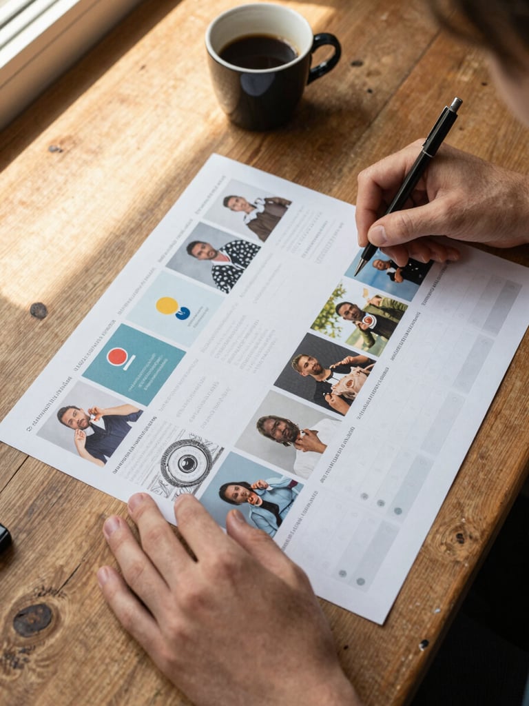 Close-up overhead flatlay of a Pomodoro team member's hands arranging printed Instagram grid mockups and a content calendar on a worn oak table, a small espresso cup in the top corner, warm golden window light raking across the surface from the left