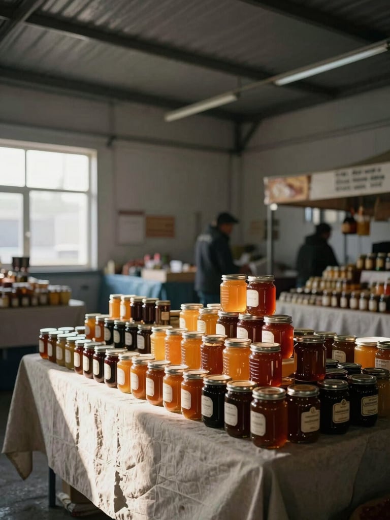 Wide environmental shot inside a covered market hall, a local honey and preserve vendor arranging jars of different amber tones on a cloth-draped table, morning window light streaming from the left, other stalls softly blurred in the background, documentary framing with generous negative space above