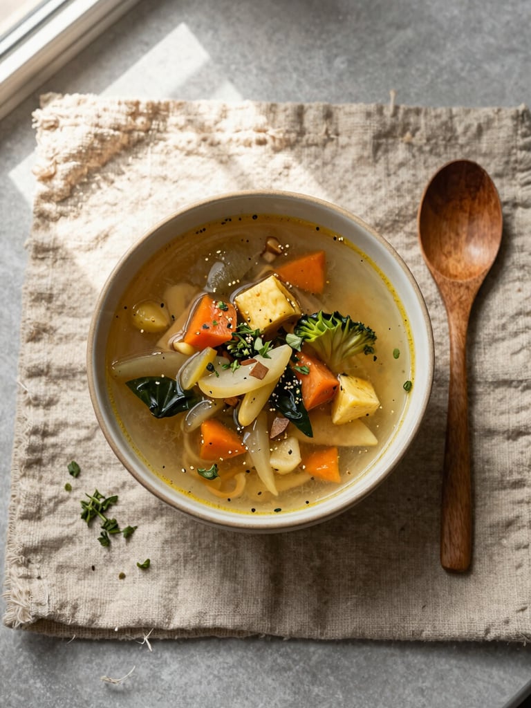 Close overhead flatlay of a ceramic bowl of seasonal vegetable soup on a rough linen placemat, a wooden spoon resting beside it, warm window light raking across the surface from the upper left, small herbs scattered nearby