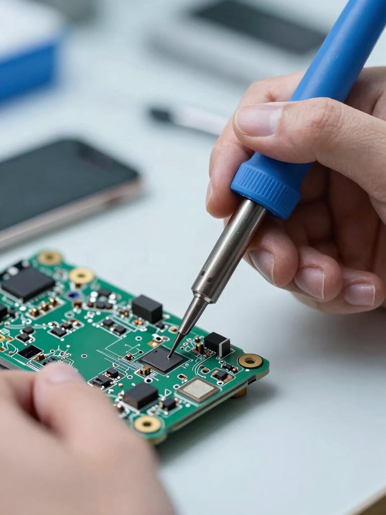Macro close-up of a technician's hands using a fine-tip soldering iron on a phone motherboard, bright cool workbench light, shallow depth of field