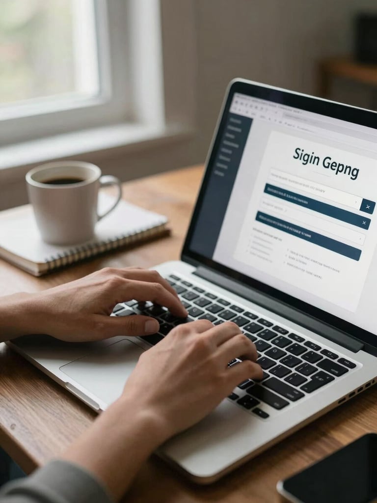 Close-up of hands typing on a laptop keyboard at a home desk, a browser showing a sign-up form on screen, cool north-facing daylight from a window to the left, a half-full coffee mug and notebook in soft background