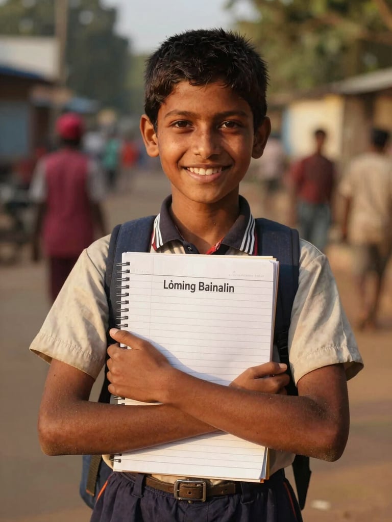 A young student in Tamil Nadu smiling, holding a school notebook outdoors during golden hour, warm natural sunlight
