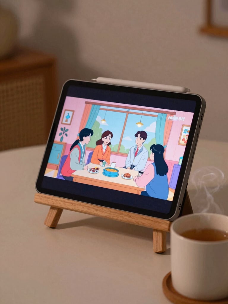 A cozy modern tablet on a wooden stand displaying a stylized colorful Korean drama scene, next to a steaming mug of tea, warm twilight room lighting, aesthetic 35mm photography