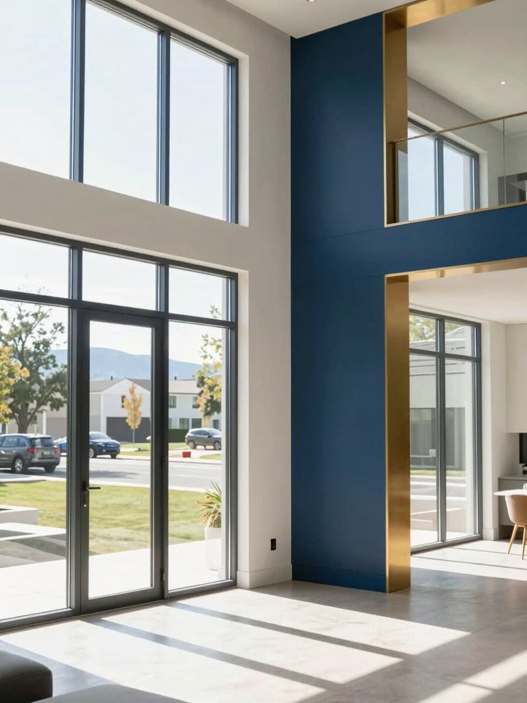 Bright architectural interior of a contemporary Boise home, clean lines, natural sunlight streaming through large windows, minimalist design