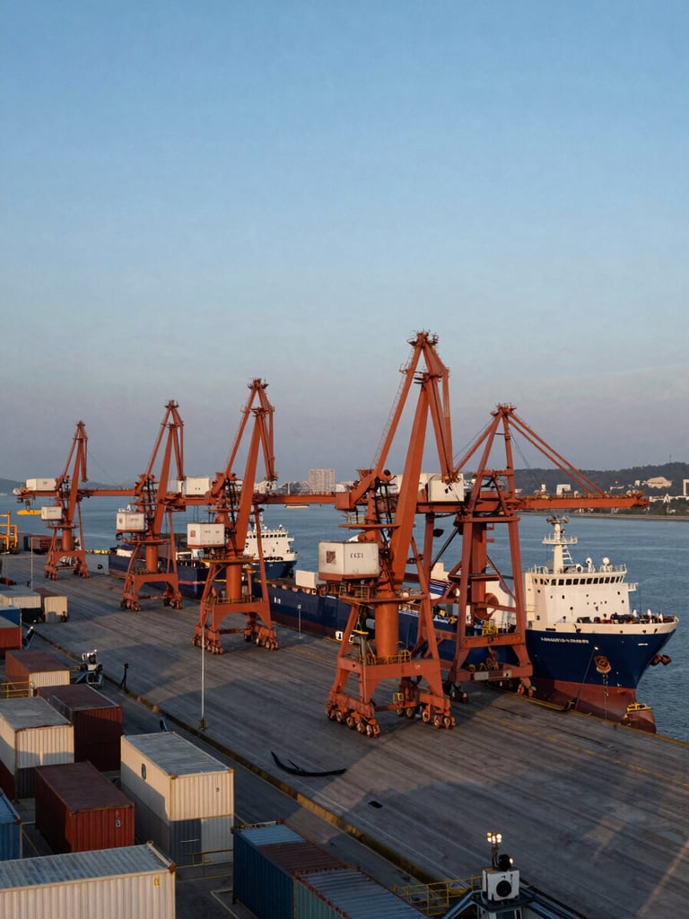 Vista aérea de una terminal de carga marítima automatizada con grúas masivas bajo una luz crepuscular fría, sombras marcadas y un horizonte industrial expansivo.