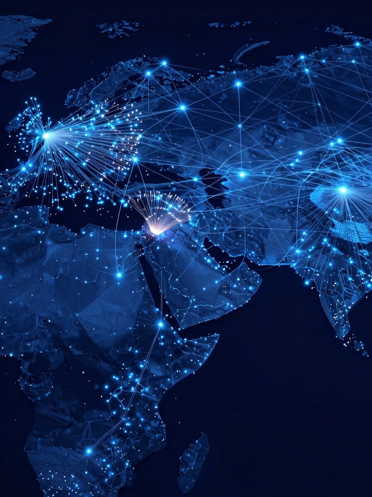 Abstract global network map showing glowing fiber optic routes crossing Egypt and the MENA region, dark blue background, electric blue accents.