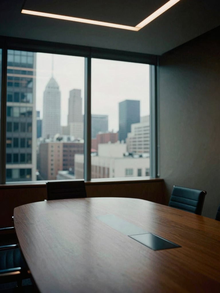 Low-key dramatic interior of an empty executive boardroom with floor-to-ceiling windows overlooking a cool, overcast financial district skyline, 35mm film.