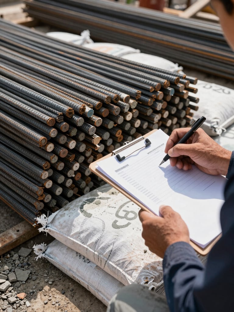 Close-up of stacked rebar bundles and sacks of cement on a job-site storage area, a worker's hands marking inventory on a clipboard, harsh midday construction-site light, earth and gravel ground visible at the base