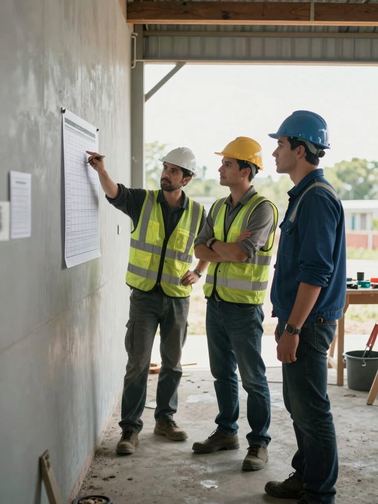 Medium-distance shot of a site foreman pointing at a printed schedule pinned to a temporary wall, three crew members gathered around in work gear, natural daylight through an open structure, concrete floor, tools visible in background