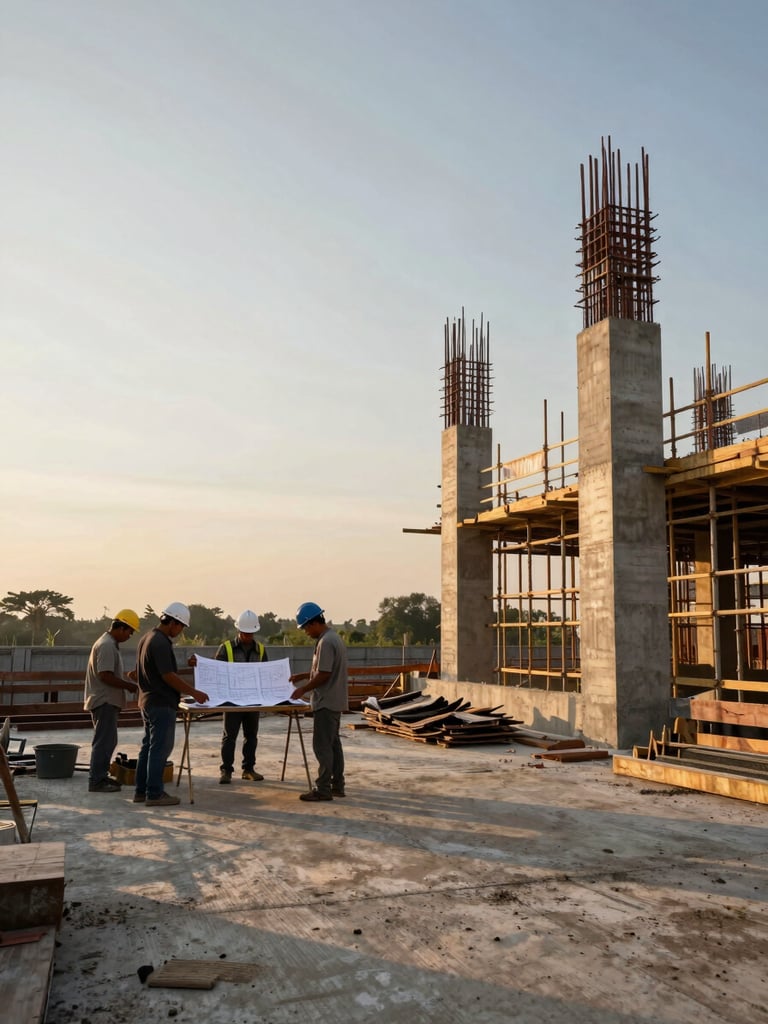 Wide documentary shot of an active Indonesian construction site at golden hour — scaffolding and concrete columns in mid-construction to the right, crew members in hard hats reviewing paper drawings at a makeshift table, natural warm light raking across raw concrete surfaces, low horizon, expansive sky