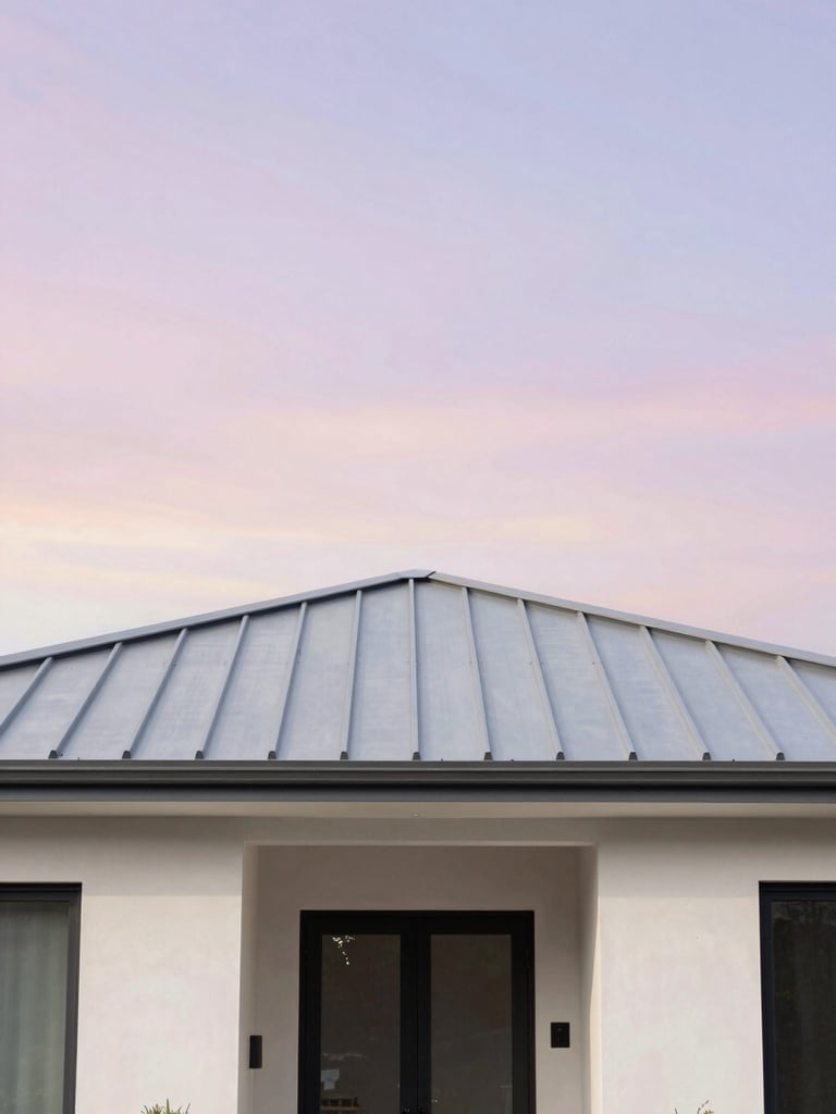 Straight-on architectural photo of a modern residential home with a clean metal roof under a bright pastel sky, soft natural daylight, 35mm