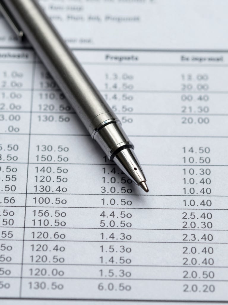 Extreme close-up overhead flat-lay: a fine-tipped pen resting diagonally across a printed ingredient analysis document, columns of dosage figures and compound names visible, cool even studio lighting, neutral white surface, sharp focus on pen nib and text columns, clinical and precise