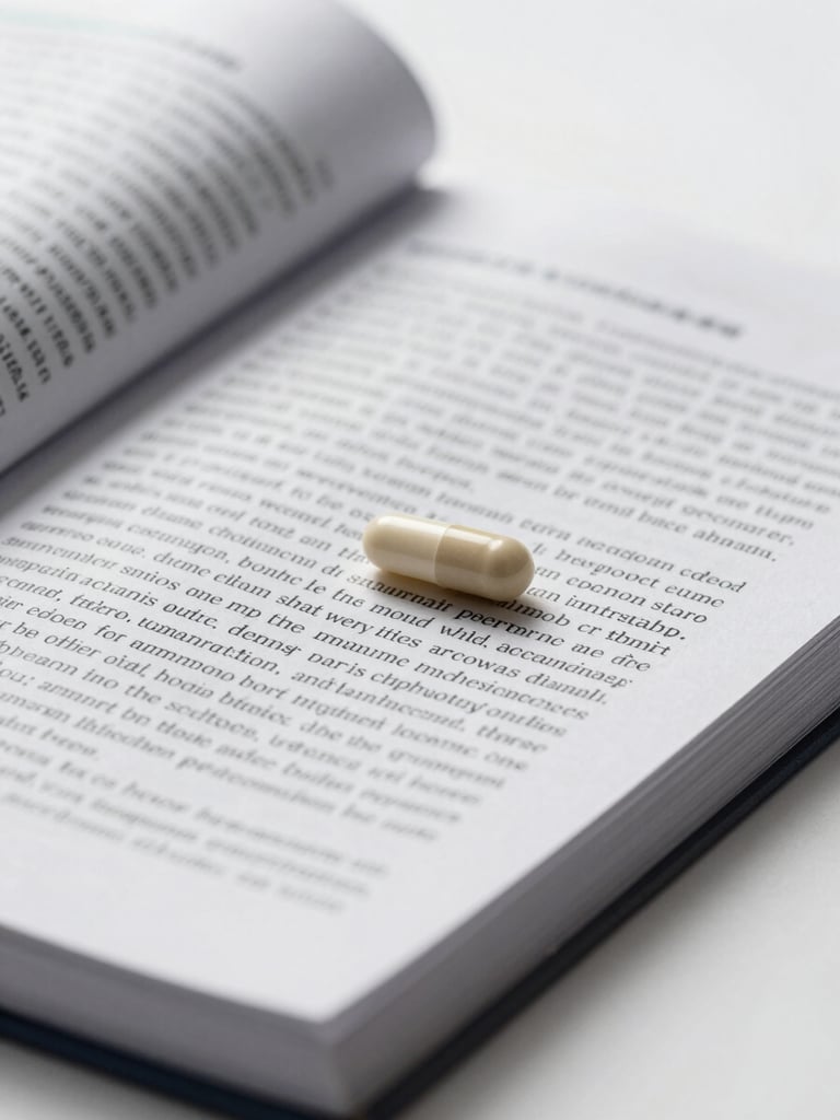 Extreme close-up of open scientific journal pages flat on a clean white surface, a single supplement capsule resting on the text, cool even studio lighting from the left, shallow depth of field on the capsule in sharp focus