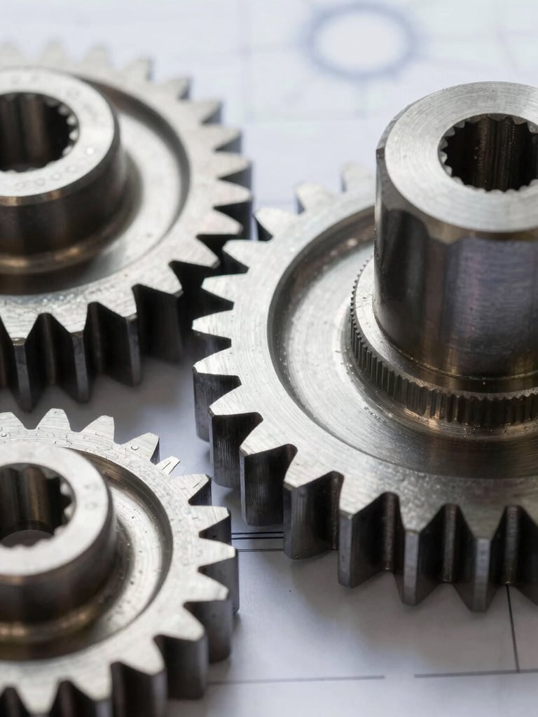 Macro shot of high-contrast steel gears under natural plant-floor daylight, sharp technical details, blueprint precision.