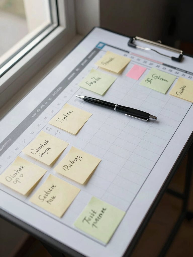 Close-up overhead of a project schedule board on a folding table—printed grid, sticky notes marking contractor names and dates, a pen resting across the top, daylight-neutral lighting from a window to the left