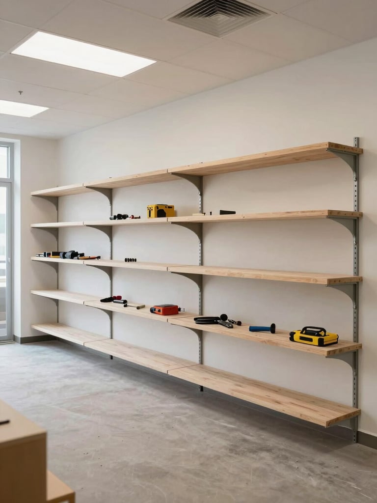 Wide environmental shot of a freshly completed commercial installation—newly mounted shelving units against a clean painted wall, tools packed away, daylight-neutral lighting from overhead fixtures, no people present