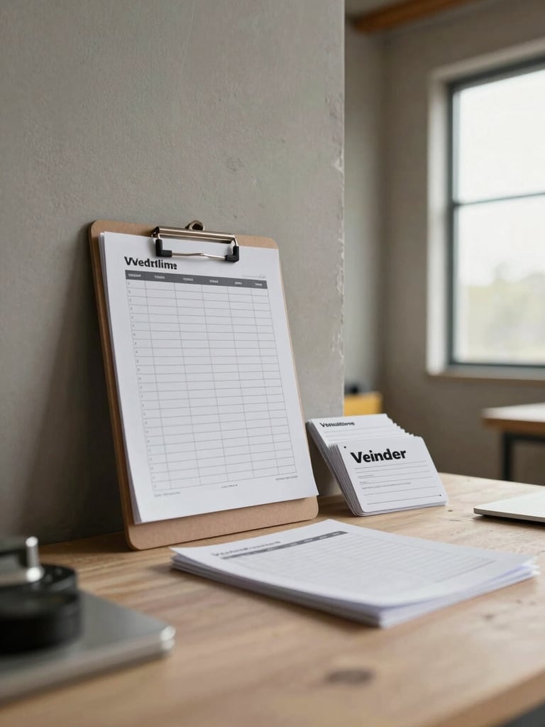 Wide environmental shot of a contractor coordination workspace—clipboard with a printed schedule pinned to a worksite wall, vendor cards fanned beside it, daylight from a window illuminating the surface, no people, neutral warm-gray tones